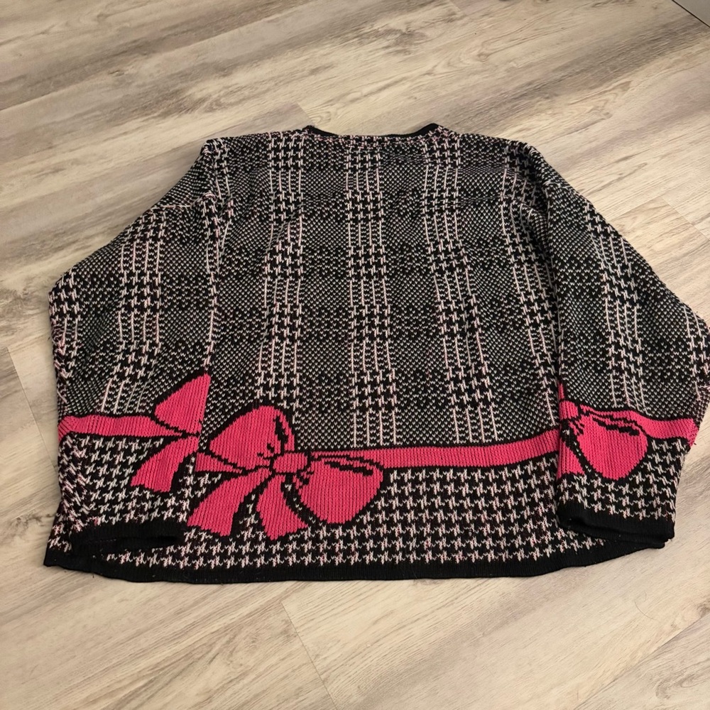 Vintage Houndstooth Liz Baker 2X Holiday Pink Bow Sweater